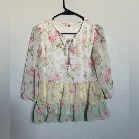 AND Tops - AND Floral Blouse with Pink and Green Accents